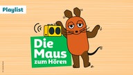 Die Maus hält ihre Hand auf ein altes Radio und präsentiert das Logo zur Playlist