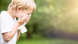 Kind mit Allergie in der Natur beim Niesen in ein Taschentuch