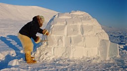 Ein Inuit arbeitet an einem Iglu