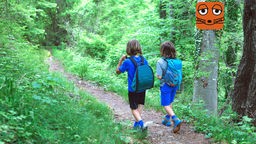Zwei Kinder gehen auf einem Bergpfad.