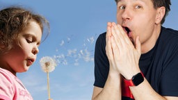 Ein Mädchen pustet André die Sporen einer Pusteblume entgegen