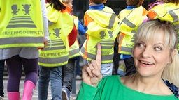 Bildmontage: Nina und Kinder mit Verkehrswesten auf Zebrastreifen