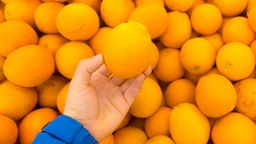 Eine Hand hält eine Orange, dahinter viele weiter Orangen