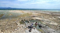 stark gesunkener Wasserstand am Gardasee, Mann und Kind sitzen auf Steinen
