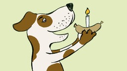 Illustration: Ein Hund hält eine Wurst mit Kerze in der Hand.