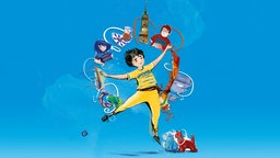 Illustration: Die Hauptfigur Pembo und zwei weitere Kinder mit verschiedenen türkischen und deutschen Gegenständen.