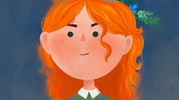 Illustration: Mädchen mit Blumen in den roten Haaren.
