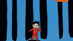 Eine Zeichnung: Ein Junge in einem roten Schlafanzug steht vor blauen Baumstämmen und einem schwarzen Nachthimmel.