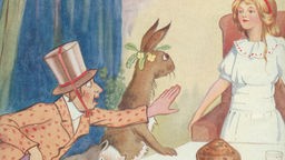 Illustration - Alice sitzt mit dem verrückten Hutmacher und Tieren am Kaffeetisch