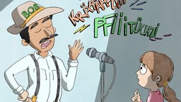 Illustration: Mann singt in ein Mikrofon, erschrockenes Mädchen