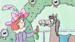 Illustation: Eine Frau füttert ein Pferd mit einer Möhre
