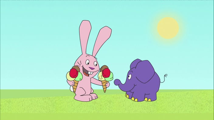 Hase und Elefant essen ein Eis