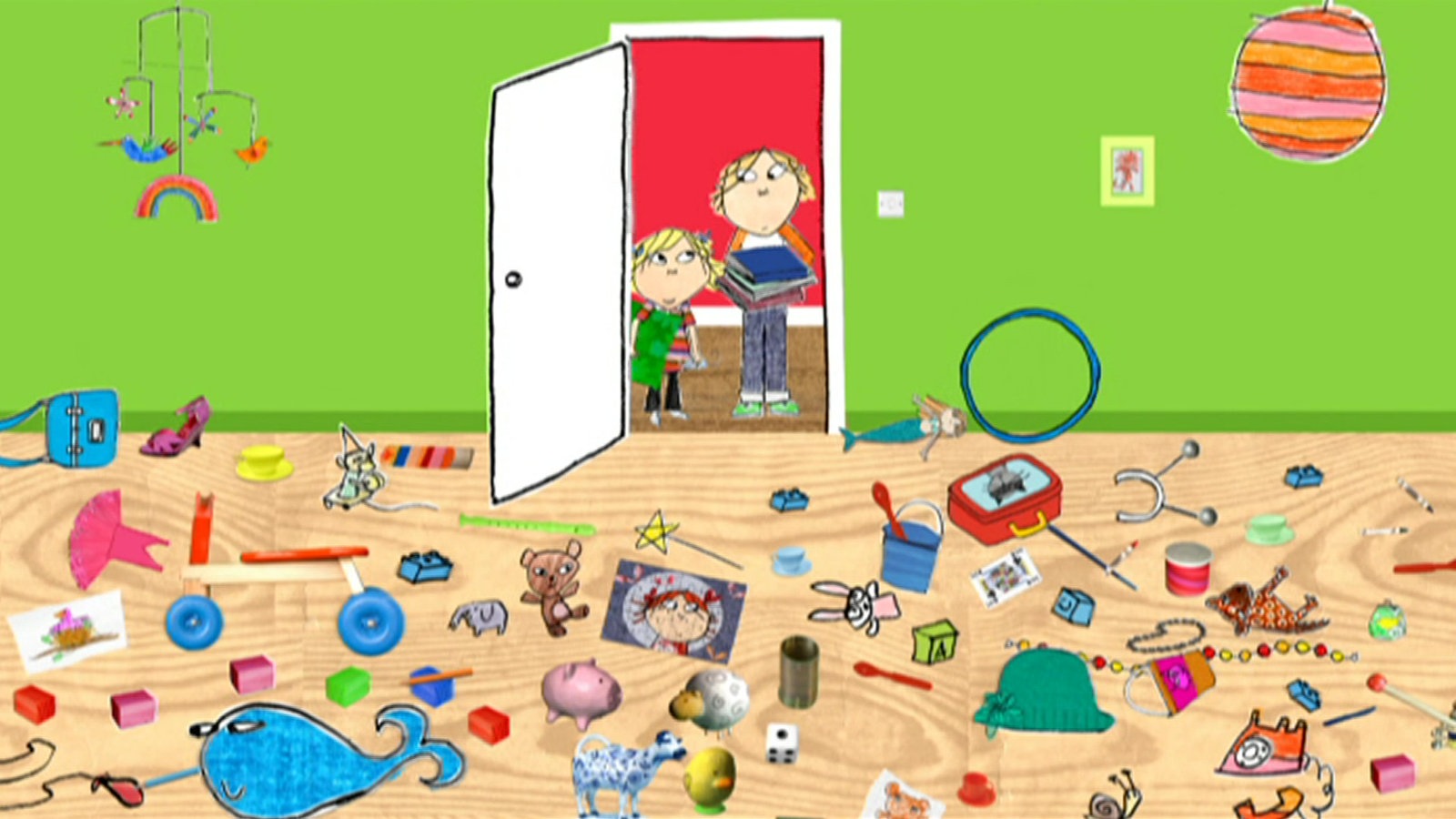 Charlie und Lola schauen in ein unordentliches Zimmer