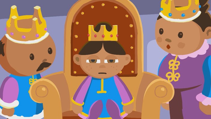Auf einem Thron sitzt eine genervt ausschauende Prinzessin mit Krone