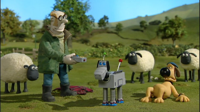 Farmer auf der Wiese mit Roboterhund, Bitzer und Schafen