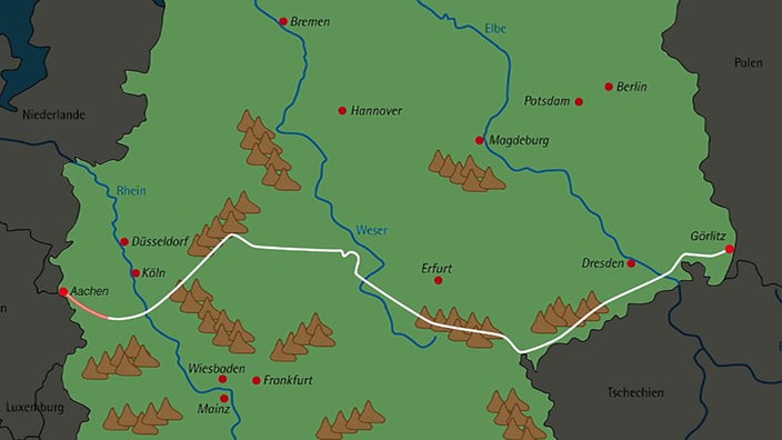 Eine Landkarte, auf der eine Linie von Aachen bis Görlitz eingezeichnet ist