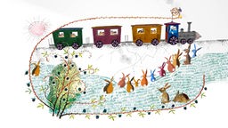 Ein Zug mit drei Waggons und mehreren Hasen auf einer Wiese