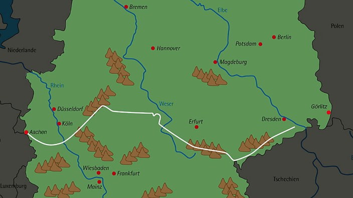 Deutschlandkarte mit einem eingezeichneten Wanderweg von Aachen nach Dresden