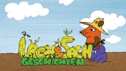 Maus und Elefant auf einem Acker, vor ihnen ergeben Buchstaben in Form von Gemüsepflanzen den Schriftzug Lach- und Sachgeschichten. 
