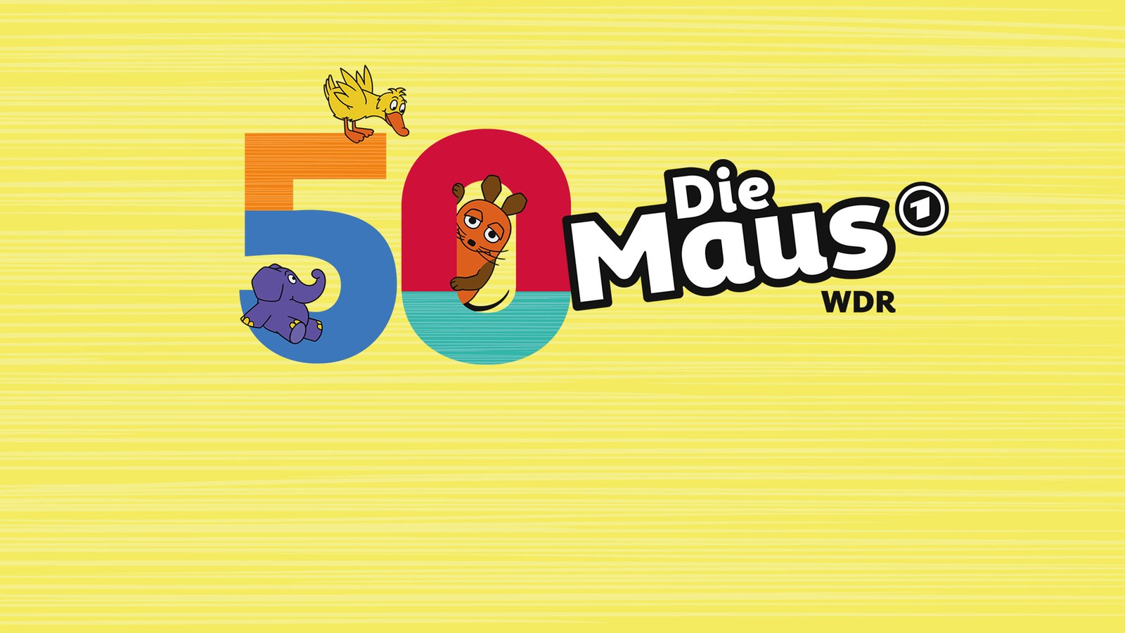 Maus, Elefant und Ente sitzen um die Zahl 50.