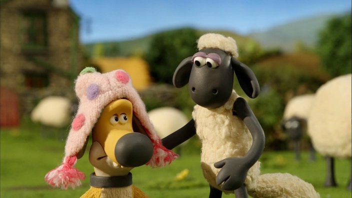 Shaun und Bitzer, Bitzer trägt einen rosanen Hut