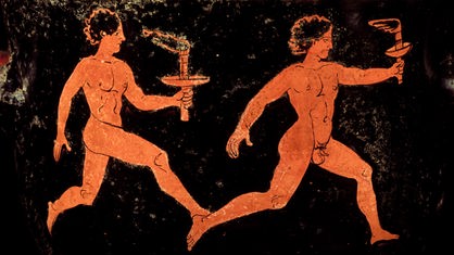 Darstellung auf einer antiken Vase zeigt zwei Läufer.