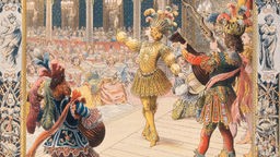 Ausschnitt eines farbigen Stiches mit dem französischen Sonnenkönig Ludwig XIV in einem Kostüm auf der Bühne.