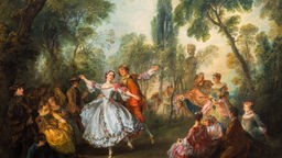 Ausschnitt aus einem Gemälde aus dem 18. Jahrhundert. Darauf Tänzer in zeitgenössischen Kostümen.