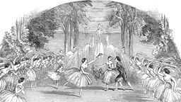 Historische Zeichnung aus dem Jahr 1848 mit Marie Taglioni rechts in der Hauptrolle des Stück „Fiorita“.
