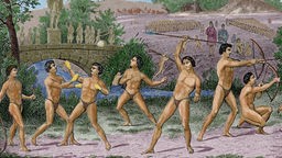 Zeichnung zeigt Bogenschützen und andere Sportler bei antiken olympischen Spielen.
