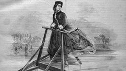 Eine Frau übt im Jahr 1869 das Eislaufen mit einem Laufgestell.