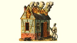 Historische Illustration eines Feuerwehreinsatzes.