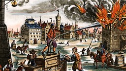 Historische Illustration aus dem Jahr 1661. Sie zeigt Löscharbeiten mit der Nürnberger Feuerspritze.