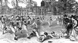Schwarz-weiß Zeichnung von 1870 zeigt britisches Schul-Fußball-Team.