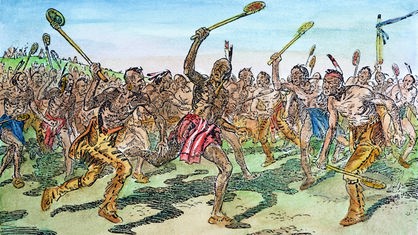 Farbige Zeichnung einer historischen Lacrosse-Spielszene der Irokesen als Vorbereitung auf einen Krieg.