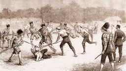 Historische Zeichung eines Lacrosse-Wettkampfs zwischen kanadischen Siedlern und Irokesen aus dem Jahr 1876.