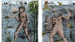 Gemälde zeigt einen Taucher und einen Unter-Wasser-Kämpfer nebeneinander, Frankreich 1532