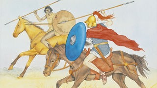 Zeichnung zeigt zwei reitende Kämpfer im 3. Jahrhundert nach Christus.