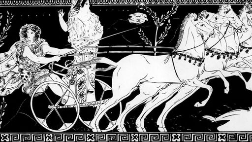 Schwarz-weiß-Bild: Darstellung aus der Antike - Vier Pferde ziehen einen Wagen mit einem Fahrer.