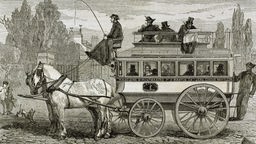 Illustration von 1862: Zwei Pferde ziehen einen historischen Bus.