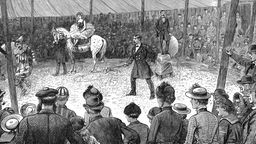 Schwarz-weiß Zeichnung einer Zirkus-Show um 1886.