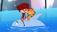 Mirette, Jean Cat reiten auf einem Delphin.