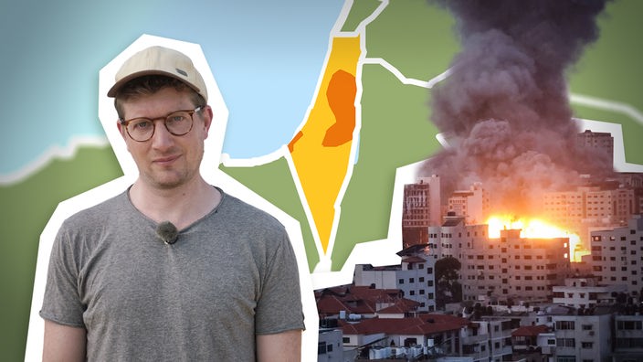 Reporter Robert schaut ernst in die Kamera. Hinter ihm ist eine Landkarte von Israel zu sehen sowie Feuer und Rauch nach einem israelischen Luftangriff auf Gaza.