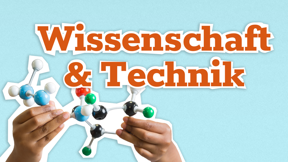 Hände mit chemischem Modell und Schrift 'Wissenschaft und Technik' vor blauem Hintergrund.