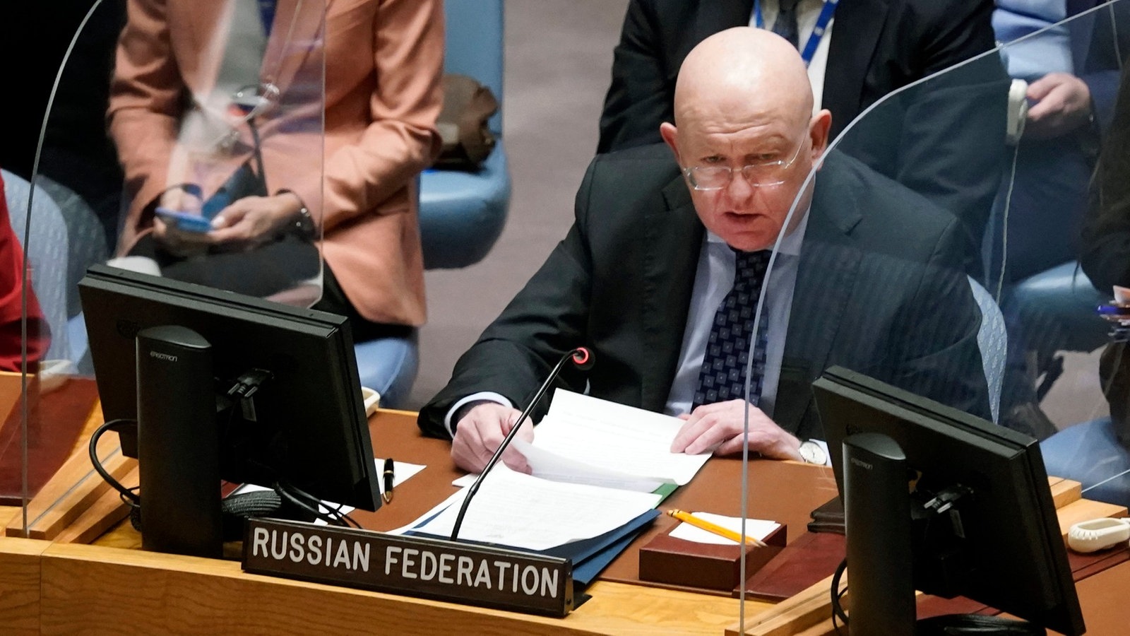 Wassili Nebensja, russischer UN-Botschafter, spricht vor dem UN-Sicherheitsrat.