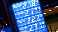 Preisanzeige für Super und Dieselbenzin an einer Tankstelle.
