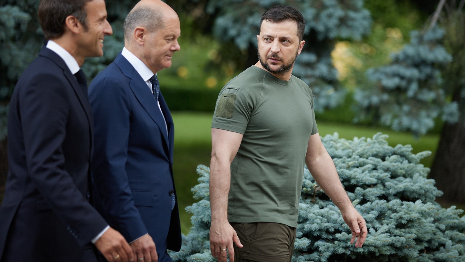 Wolodymyr Selenskyj, Olaf Scholz und Emmanuel Macron.