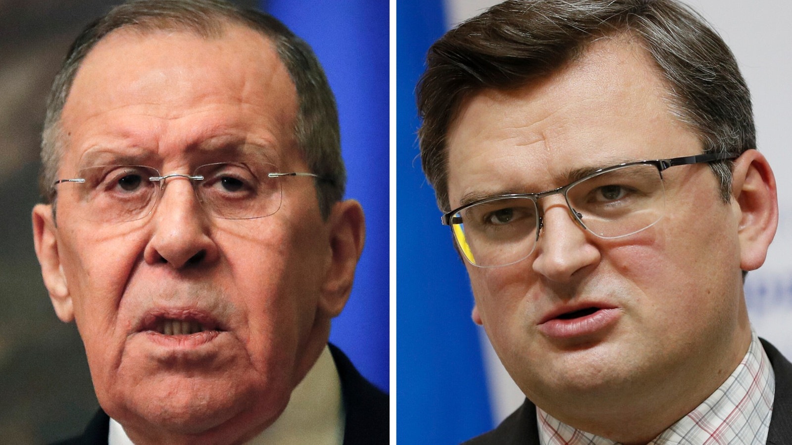Geteiltet Bild: Links der russische Außenminister Sergej Lawrow, rechts der ukrainische Außenminister Dmytro Kuleba.