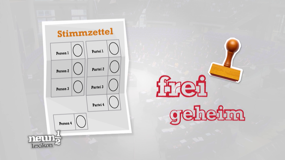 Grafik: Neben einem Stimmzettel liegt ein Stempel über Schrift "frei" und "geheim".