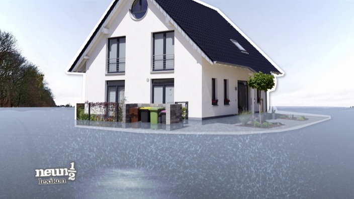 Ein Haus ist von Wasser umgeben